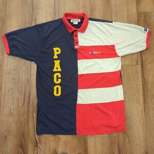 VTG Paco Jeans Stripe Men's 2XLT Tall Polo Shirt USA American Flag Y2K